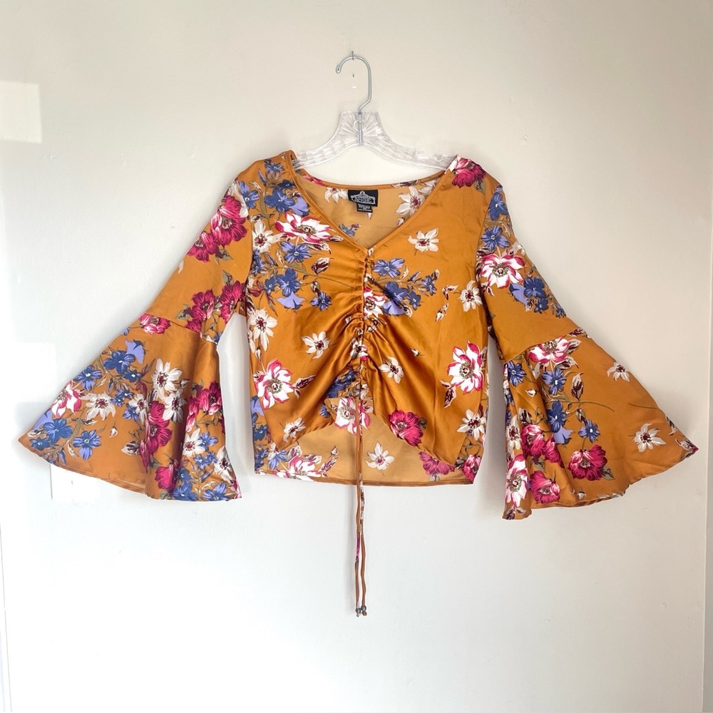 Angie Floral Bell Sleeve Crop Top Mustard Boho Ruched Tie Front